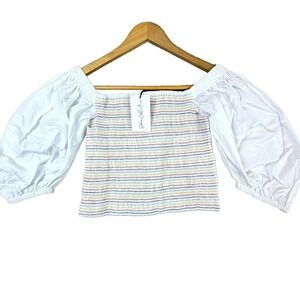 Sokie Collective Smocked Crop Top Womens Small White Colorful Top Stitch Peasant